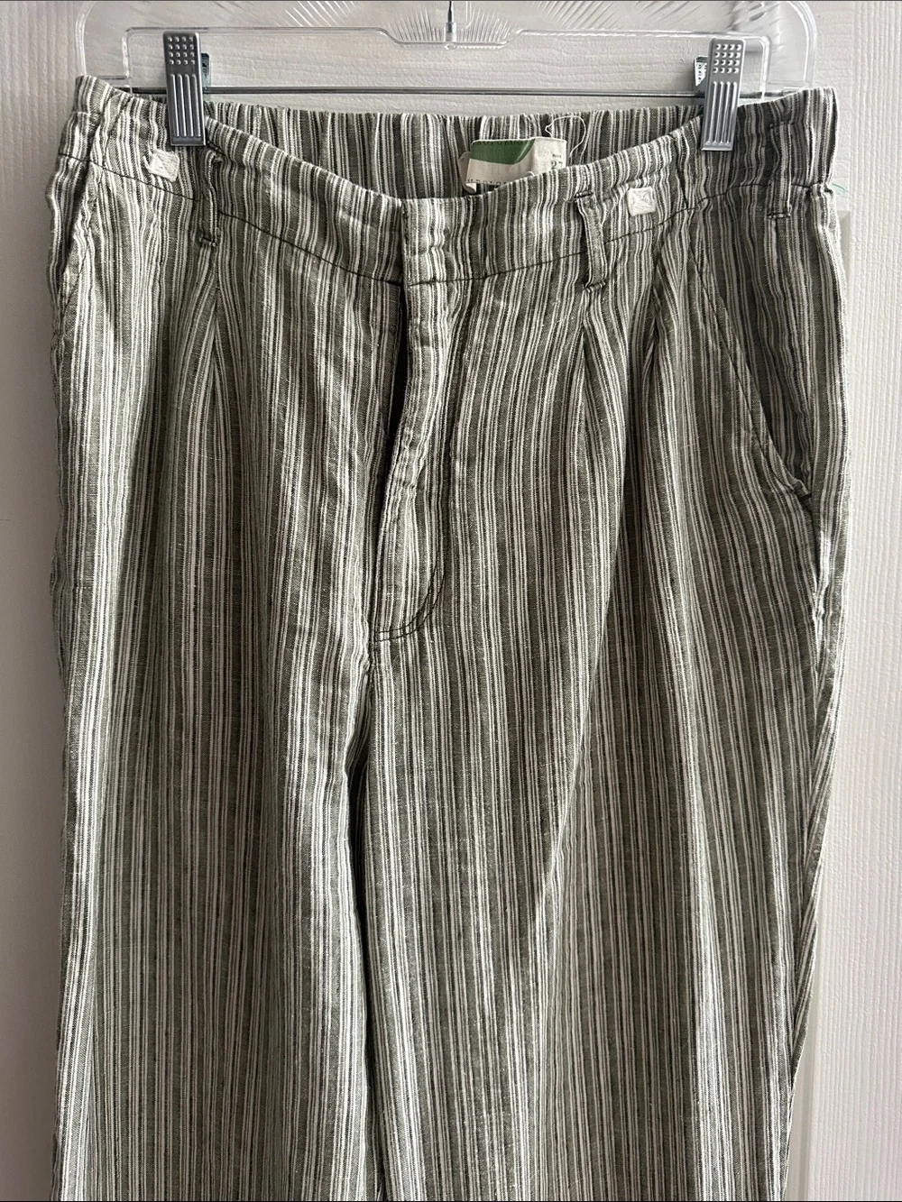 Anthropologie Striped Sage Green 100% Linen Pants Women’s 27 Coastal Boho Beach